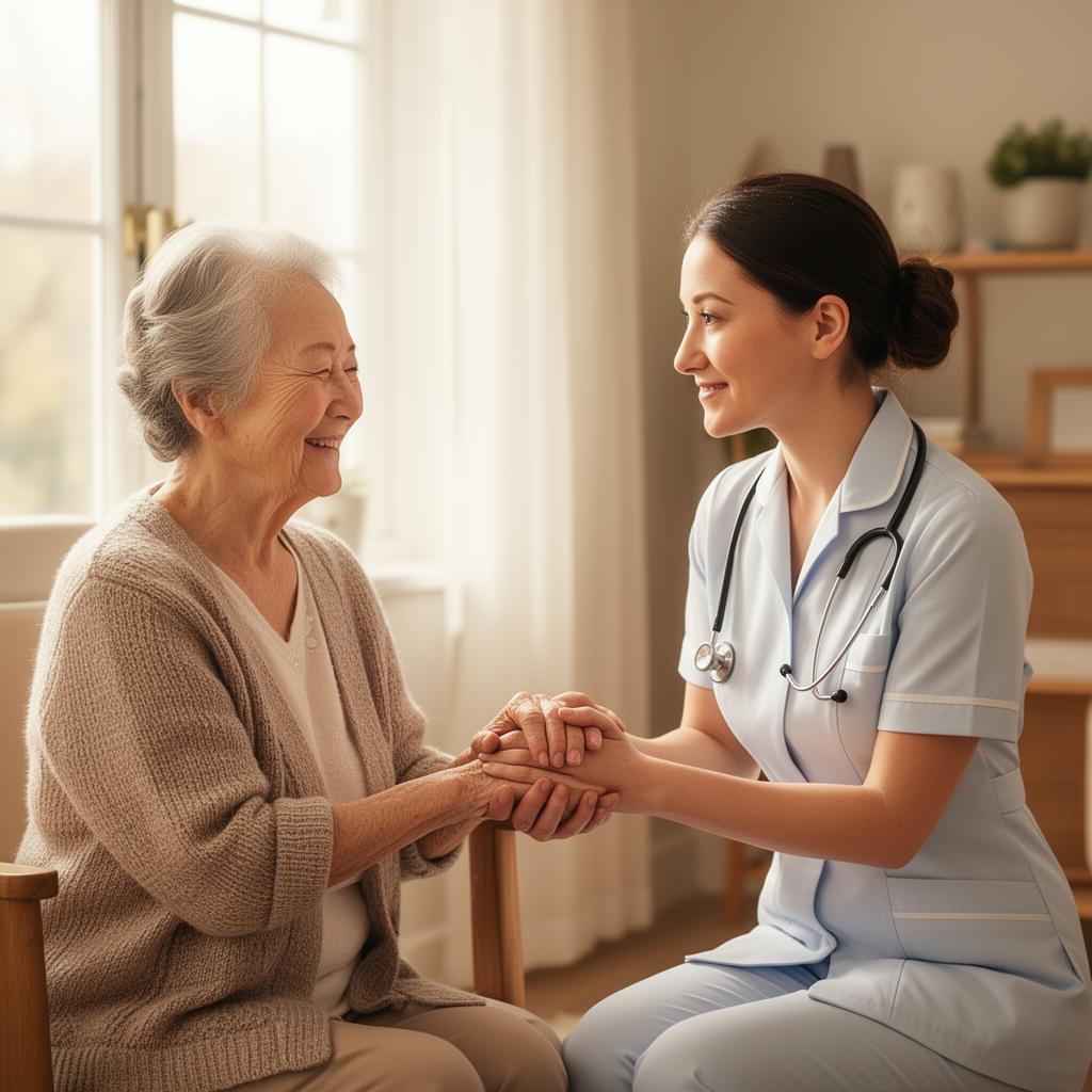 Caregiver holding hands with an elderly woman