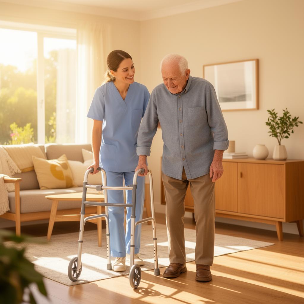 Caregiver helping senior with walker