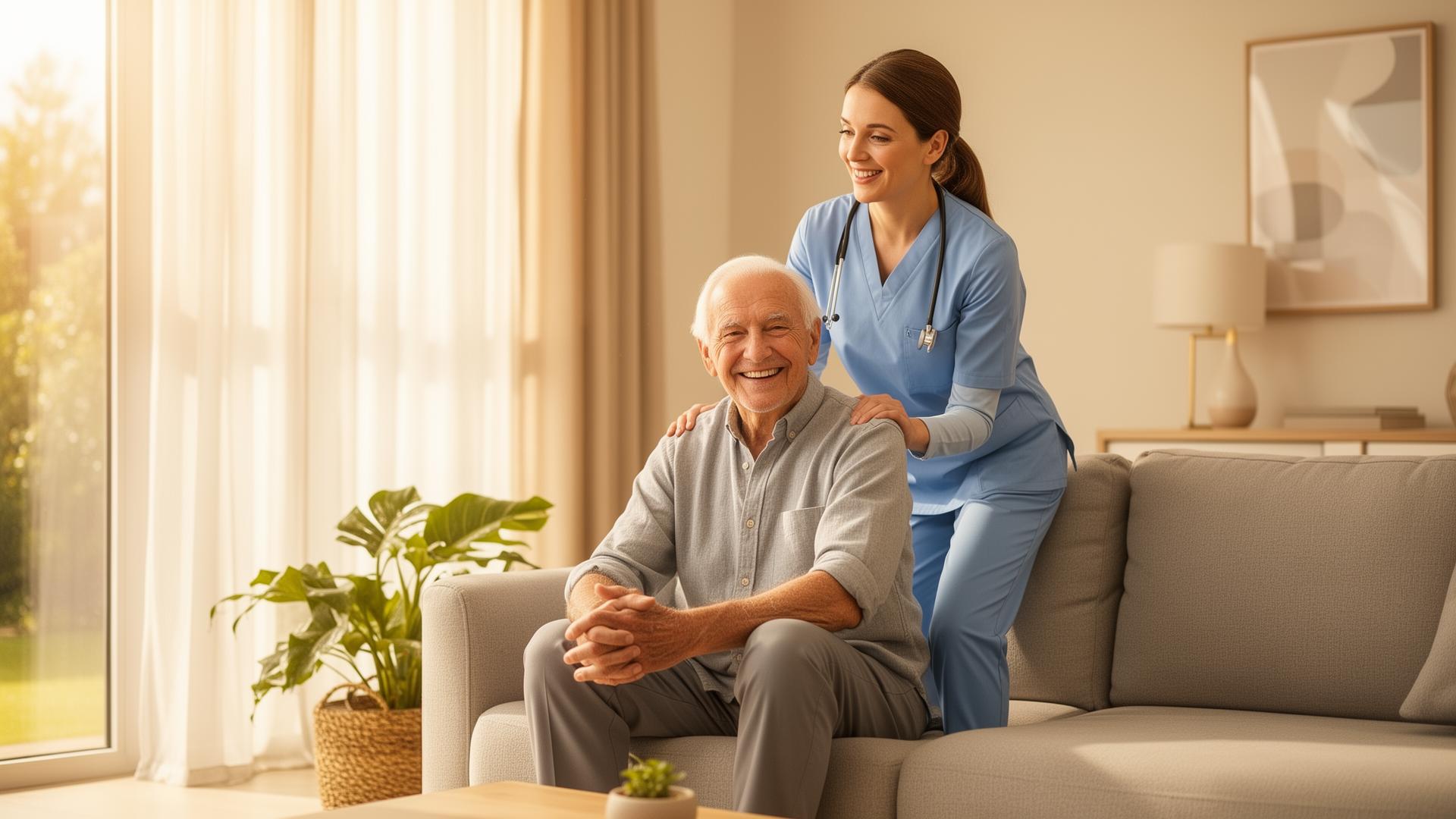 Compassionate caregiver assisting an elderly man at home